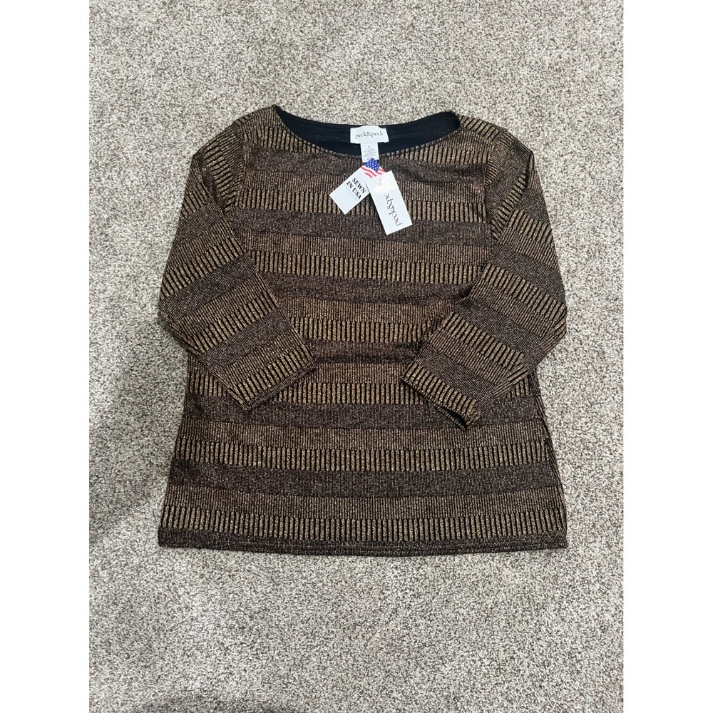Peck & Peck Metallic Gold Striped Boat Neck 3/4 Sleeve Top XL 8350CFP NEW - Picture 1 of 5